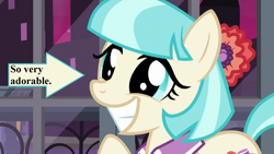 Size: 1280x720 | Tagged: safe, edit, edited screencap, imported from derpibooru, screencap, coco pommel, made in manehattan, arrow, bow, captain obvious, cocobetes, cute, hair bow, mane bow, manehattan, op is right, smiling, text