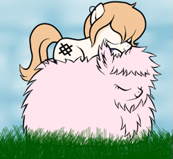 Size: 555x510 | Tagged: safe, artist:arrgus-korr, imported from derpibooru, oc, oc:fluffle puff, oc:star north, pony, base used, female, field, full body, grass, mare, oc x oc, piercing, resting, shipping, sky, sleeping, tattoo