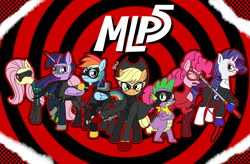 Size: 3500x2300 | Tagged: safe, artist:banquo0, imported from derpibooru, applejack, fluttershy, pinkie pie, rainbow dash, rarity, spike, twilight sparkle, alicorn, dragon, earth pony, pegasus, pony, unicorn, ann takamaki, clothes, complex background, crossover, futaba sakura, game, group, joker (persona), makoto niijima, mane seven, mane six, mask, morgana, oracle (persona), panther (persona), persona, persona 5, persona 5 joker, phantom thieves, queen (persona), ren amamiya, ryuji sakamoto, swirl, thieves, twilight sparkle (alicorn), yusuke kitagawa