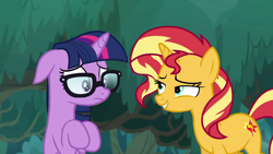 Size: 1920x1080 | Tagged: safe, imported from derpibooru, screencap, sci-twi, sunset shimmer, twilight sparkle, pony, unicorn, equestria girls, equestria girls series, spring breakdown, spoiler:eqg series (season 2), equestria girls ponified, floppy ears, glasses, looking at each other, ponified, unicorn sci-twi