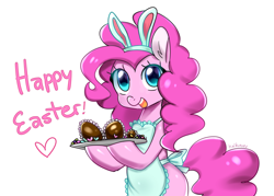 Size: 2788x2000 | Tagged: safe, artist:kaikururu, imported from derpibooru, pinkie pie, pony, apron, bipedal, chocolate, clothes, cute, diapinkes, easter, female, food, heart, holiday, open mouth, simple background, smiling, solo, white background