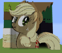 Size: 830x716 | Tagged: safe, artist:kjhf, imported from derpibooru, applejack, pony, the return of harmony, 3d, female, game screencap, liar face, liarjack, minecraft, minecraft pixel art, pixel art, scrunchy face, solo