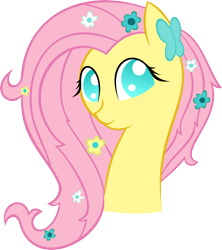 Size: 3550x4000 | Tagged: safe, artist:kalleflaxx, imported from derpibooru, fluttershy, butterfly, pegasus, pony, bust, cute, female, flower, flower in hair, looking at you, mare, shyabetes, simple background, smiling, solo, transparent background, vector