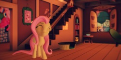 Size: 3000x1500 | Tagged: safe, artist:equmoria, artist:sparkiss-pony, imported from derpibooru, derpy hooves, fluttershy, pinkie pie, pony, 3d, fluttershy's cottage, mmd