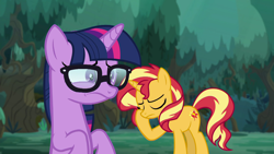 Size: 1920x1080 | Tagged: safe, imported from derpibooru, screencap, sci-twi, sunset shimmer, twilight sparkle, pony, unicorn, equestria girls, equestria girls series, spring breakdown, spoiler:eqg series (season 2), equestria girls ponified, facehoof, glasses, ponified, unicorn sci-twi