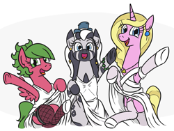 Size: 967x726 | Tagged: safe, artist:jargon scott, imported from derpibooru, oc, oc only, oc:carjack, oc:limit state, oc:low rider, pegasus, pony, unicorn, zebra, big crotchboobs, bipedal, clothes, crotchboobs, dancing, dress, female, fishnets, garter belt, garters, huge crotchboobs, impossibly large crotchboobs, mare, stockings, thigh highs, trio, zebra oc