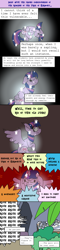 Size: 750x3100 | Tagged: safe, artist:bjdazzle, imported from derpibooru, gallus, ocellus, sandbar, silverstream, smolder, tree of harmony, yona, season 9 retirement party, uprooted, argument, artificial intelligence, best tree, cave, comic, dark background, debris, glow, glowing, introspective, offscreen character, pain, student six, treelight sparkle, wagon, weak, yelling