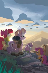 Size: 755x1147 | Tagged: safe, artist:tonyfleecs, imported from derpibooru, apple bloom, diamond tiara, scootaloo, sweetie belle, earth pony, pegasus, pony, unicorn, backpack, boots, bow, cutie mark crusaders, female, filly, hair bow, mountain, scenery, shoes