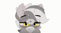 Size: 2000x1077 | Tagged: safe, artist:n0nnny, imported from derpibooru, oc, oc only, oc:bandy cyoot, hybrid, pony, raccoon, raccoon pony, :3, :<, animated, birthday, birthday gift, blush sticker, blushing, cute, eye clipping through hair, female, frame by frame, gif, heart, kissing, looking at you, ocbetes, present, silly, simple background, smiling, smooch, solo, white background