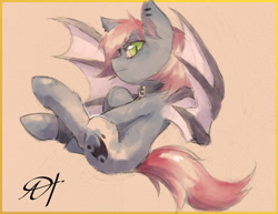 Size: 1280x989 | Tagged: safe, artist:alts-art, deleted from derpibooru, imported from derpibooru, oc, oc only, oc:swaybat, bat pony, pony, bandage, bat pony oc, bat wings, collar, colored sketch, ear fluff, ear piercing, female, flying, looking at you, mare, orange background, piercing, signature, simple background, sketch, solo, spread wings, watercolor painting, wings