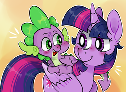 Size: 1280x935 | Tagged: safe, artist:incubugs, artist:mega-bugsly, imported from derpibooru, spike, twilight sparkle, alicorn, dragon, pony, blushing, cute, fangs, female, happy, looking at each other, male, mare, simple background, smiling, twilight sparkle (alicorn), winged spike, wings, yellow background