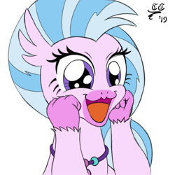 Size: 2000x2000 | Tagged: safe, artist:tomtornados, imported from derpibooru, silverstream, hippogriff, cute, diastreamies, female, happy, open mouth, simple background, solo, white background