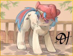 Size: 1280x989 | Tagged: safe, artist:alts-art, deleted from derpibooru, imported from derpibooru, oc, oc only, oc:landy, pony, unicorn, backwards ballcap, baseball cap, brick wall, cap, cobblestone street, colored sketch, crouching, hat, horn, leaves, looking at you, male, music notes, orange background, railing, signature, simple background, singing, sketch, solo, stallion, watercolor painting