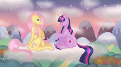 Size: 1198x667 | Tagged: safe, artist:nastylittlecuss, imported from derpibooru, fluttershy, twilight sparkle, pegasus, pony, unicorn, blushing, cloud, colored hooves, cute, dirt path, dirt road, female, flower, lesbian, mare, mountain, open mouth, shipping, shyabetes, sitting, sky, smiling, stars, tree, twiabetes, twishy, unicorn twilight, unshorn fetlocks