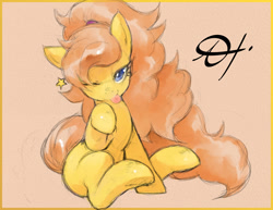 Size: 1280x989 | Tagged: safe, artist:alts-art, deleted from derpibooru, imported from derpibooru, oc, oc only, unnamed oc, earth pony, pony, bedroom eyes, colored sketch, cute, female, long hair, long mane, long tail, looking at you, mare, one eye closed, orange background, playful, ponytail, pose, signature, simple background, sitting, sketch, solo, stars, tongue out, watercolor painting, wink