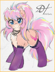 Size: 1280x1656 | Tagged: safe, artist:alts-art, imported from derpibooru, oc, oc only, oc:bijou butterfly, earth pony, pony, chest fluff, clothes, colored sketch, ear fluff, ear piercing, earring, female, flat colors, gray background, jewelry, looking at you, mare, multicolored hair, pale belly, piercing, retro, signature, simple background, sketch, socks, solo, string