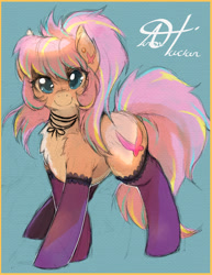 Size: 1280x1656 | Tagged: safe, artist:alts-art, imported from derpibooru, oc, oc only, oc:bijou butterfly, earth pony, pony, blue background, chest fluff, clothes, colored sketch, ear fluff, ear piercing, earring, female, fluffy, jewelry, looking at you, mare, multicolored hair, pale belly, piercing, retro, shading, signature, simple background, sketch, socks, solo, string