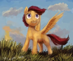 Size: 4096x3435 | Tagged: safe, artist:misstwipietwins, imported from derpibooru, scootaloo, pegasus, pony, cloud, female, grass field, sky, solo, spread wings