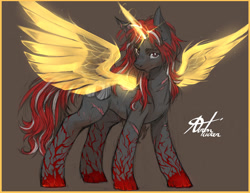 Size: 1280x989 | Tagged: safe, artist:alts-art, imported from derpibooru, oc, oc only, oc:crimson fist, pony, unicorn, artificial wings, augmented, colored sketch, gray background, horn, looking at you, magic, magic wings, male, messy mane, messy tail, multicolored hair, scar, signature, simple background, sketch, smiling, smirk, solo, stallion, wings