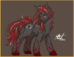 Size: 1280x989 | Tagged: safe, artist:alts-art, imported from derpibooru, oc, oc only, oc:crimson fist, pony, unicorn, colored sketch, gray background, horn, looking at you, male, messy mane, messy tail, multicolored hair, scar, signature, simple background, sketch, smiling, smirk, solo, stallion