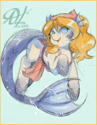 Size: 1280x1656 | Tagged: safe, artist:alts-art, imported from derpibooru, oc, oc only, oc:marina, hybrid, merpony, monster pony, original species, apron, blue background, bubble, clothes, colored sketch, ear fins, female, fins, fish tail, looking at you, mare, monster mare, pose, scales, signature, simple background, sketch, solo, underwater, watercolor painting