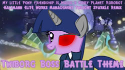 Size: 1024x576 | Tagged: safe, edit, editor:mega-poneo, imported from derpibooru, twilight sparkle, cyborg, pony, access ark, boss battle, female, glowing eye, glowing eyes, grin, kirby, kirby (series), kirby: planet robobot, remix, smiling, solo