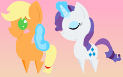 Size: 740x463 | Tagged: safe, artist:fedorapanda, imported from derpibooru, applejack, rarity, earth pony, pony, unicorn, blushing, chibi, cute, eyes closed, female, jackabetes, lesbian, magic, mare, missing accessory, missing cutie mark, pink background, raribetes, rarijack, shipping, simple background, smiling, telekinesis