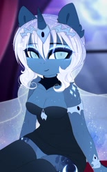 Size: 548x883 | Tagged: safe, artist:magnaluna, imported from derpibooru, princess luna, alicorn, anthro, breasts, busty princess luna, cleavage, clothes, colored pupils, cute, dress, ear fluff, female, looking at you, lunabetes, mare, shoulder fluff, smiling, socks, solo, thigh highs, wip, zettai ryouiki