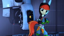 Size: 1920x1080 | Tagged: safe, artist:sourcerabbit, imported from derpibooru, oc, oc:film flick, pony, 3d, crossover, glados, portal (valve), roller skates, source filmmaker