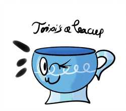Size: 952x840 | Tagged: safe, imported from derpibooru, trixie, pony, ;3, happy, inanimate tf, misspelling, objectification, one eye closed, simple background, solo, teacup, teacupified, that pony sure does love teacups, transformation, trixie teacup, white background, wink