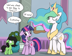 Size: 2000x1550 | Tagged: safe, artist:skitter, imported from derpibooru, princess celestia, twilight sparkle, oc, oc:filly anon, alicorn, pony, clothes, crown, dialogue, eyes closed, female, filly, implied cozy glow, jewelry, nervous, peytral, regalia, shoes, speech bubble, sweat, twilight sparkle (alicorn)