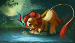 Size: 4200x2450 | Tagged: safe, artist:auroriia, imported from derpibooru, autumn blaze, kirin, sounds of silence, autumn blaze's puppet, female, flower, grass, pond, scenery, solo, updated, water