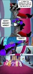 Size: 604x1358 | Tagged: source needed, safe, edit, edited screencap, imported from derpibooru, screencap, applejack, fluttershy, king sombra, pinkie pie, rainbow dash, rarity, twilight sparkle, alicorn, earth pony, pegasus, pony, unicorn, season 9, the beginning of the end, spoiler:s09, bill cipher, canterlot castle, comic, dark crystal, dark magic, death beam, death threat, glowing eyes, gravity falls, imminent death, magic, mane six, screencap comic, sombra eyes, throne, throne room, twilight sparkle (alicorn), weirdmageddon 3: take back the falls, weirdmageddon 4: somewhere in the woods