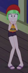 Size: 240x624 | Tagged: safe, imported from derpibooru, screencap, drama letter, watermelody, equestria girls, equestria girls series, spring breakdown, spoiler:eqg series (season 2), background human, beret, clothes, cropped, feet, female, hat, legs, lifejacket, sandals, solo, swimsuit, watermelody swimsuit