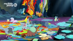 Size: 1920x1080 | Tagged: safe, imported from derpibooru, screencap, gallus, ocellus, sandbar, silverstream, smolder, yona, changedling, changeling, classical hippogriff, dragon, griffon, hippogriff, pony, yak, uprooted, earmuffs, sapling, student six