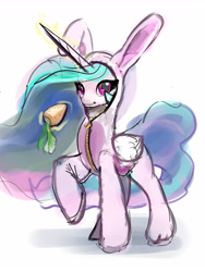 Size: 3638x4827 | Tagged: safe, artist:xbi, imported from derpibooru, princess celestia, alicorn, pony, 30 minute art challenge, animal costume, bunny costume, bunny ears, bunnylestia, carrot, clothes, costume, cute, cutelestia, easter, female, food, holiday, mare, simple background, solo, white background, zipper