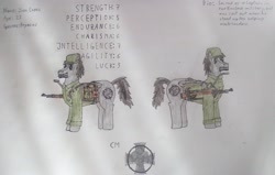 Size: 3219x2051 | Tagged: safe, artist:überreaktor, imported from derpibooru, oc, oc only, oc:iron cross, pegasus, pony, fallout equestria, ammo box, battle saddle, beard, breadbag, clothes, dashite, facial hair, fallout stats, flask, gun, helmet, messkit, reference sheet, rifle, s.p.e.c.i.a.l., solo, stahlhelm, traditional art, uniform, weapon, wings