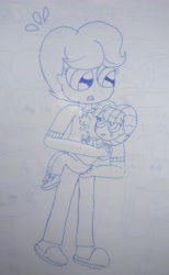 Size: 2623x4264 | Tagged: safe, artist:徐詩珮, imported from derpibooru, spring rain, oc, oc:spring grezt, equestria girls, crying, equestria girls-ified, female, lineart, magical lesbian spawn, mother and daughter, next generation, offspring, parent:spring rain, parent:tempest shadow, parents:springshadow, traditional art, younger