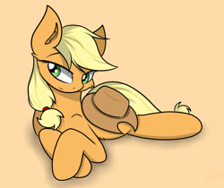 Size: 1280x1076 | Tagged: safe, artist:llhopell, imported from derpibooru, applejack, earth pony, pony, cute, female, head tilt, mare, prone, simple background, smiling, smirk, solo