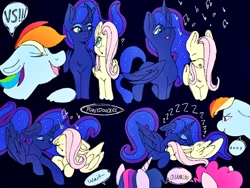 Size: 2048x1536 | Tagged: safe, artist:incendiaryboobs, artist:incendiarymoth, imported from derpibooru, fluttershy, pinkie pie, princess luna, rainbow dash, twilight sparkle, alicorn, pony, denied, female, lesbian, lunashy, shipping, sketch, sketch dump, sleeping, twilight sparkle (alicorn)