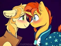 Size: 2048x1536 | Tagged: safe, artist:incendiaryboobs, artist:incendiarymoth, imported from derpibooru, braeburn, sunburst, earth pony, pony, unicorn, blushing, braeburst, crack shipping, gay, looking at each other, male, shipping, smiling, stallion