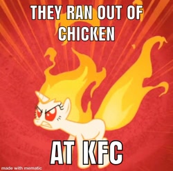 Size: 750x745 | Tagged: safe, deleted from derpibooru, edit, edited screencap, imported from derpibooru, screencap, twilight sparkle, pony, rapidash, unicorn, feeling pinkie keen, angry, cropped, female, kfc, mane of fire, mare, pokémon, red background, red eyes, simple background, sweet wall e and eve! twilight is on fire!, unicorn twilight