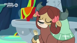 Size: 1920x1080 | Tagged: safe, imported from derpibooru, screencap, yona, yak, uprooted, bow, cloven hooves, eyes closed, female, hair bow, hoof hold, monkey swings, scroll, solo
