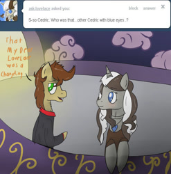 Size: 654x661 | Tagged: safe, artist:askcedricthings, artist:laceymod, imported from derpibooru, oc, oc:cedric, oc:lovelace, pony, unicorn, ask lovelace, clothes, female, male, mare, stallion