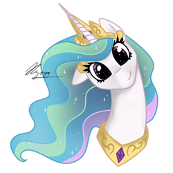 Size: 512x512 | Tagged: safe, artist:hilloty, imported from derpibooru, princess celestia, pony, bust, commission, crown, cute, cutelestia, female, floppy ears, gold, jewelry, looking at you, mare, peytral, portrait, princess, regalia, signature, simple background, smiling, solo, sticker, transparent background