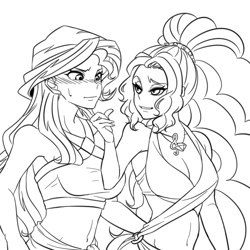 Size: 1000x1000 | Tagged: safe, artist:raika0306, imported from derpibooru, adagio dazzle, sunset shimmer, equestria girls, belly button, blushing, clothes, female, jewelry, lesbian, midriff, monochrome, necklace, shipping, sunsagio, swimsuit