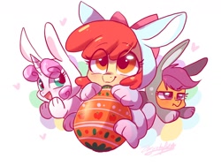 Size: 1600x1200 | Tagged: safe, artist:colorfulcolor233, artist:oofycolorful, imported from derpibooru, apple bloom, scootaloo, sweetie belle, earth pony, pegasus, pony, unicorn, abstract background, adorabloom, animal costume, bunny belle, bunny bloom, bunny costume, bunnyloo, clothes, costume, cute, cutealoo, cutie mark crusaders, daaaaaaaaaaaw, diasweetes, easter, easter egg, eye clipping through hair, female, filly, heart, hnnng, holiday, horn, open mouth, scootaloo is not amused, signature, smiling, trio, unamused