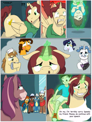 Size: 7176x9452 | Tagged: safe, artist:cactuscowboydan, imported from derpibooru, caboose, cheese sandwich, donut joe, fancypants, full steam, promontory, silver lining, silver zoom, soarin', sunburst, oc, oc:king calm merriment, oc:king speedy hooves, oc:tommy the human, alicorn, earth pony, human, pegasus, pony, unicorn, comic:fusing the fusions, comic:the bastion of canterlot, alicorn oc, book, canterlot, canterlot castle, cape, clothes, comic, commissioner:bigonionbean, conductor hat, dialogue, father and son, fusion, fusion:big macintosh, fusion:cheese sandwich, fusion:donut joe, fusion:fancypants, fusion:flash sentry, fusion:king calm merriment, fusion:king speedy hooves, fusion:shining armor, fusion:soarin', fusion:trouble shoes, glasses, goggles, gymnasium, hat, human oc, jiggle, jiggling, magic, male, monocle, potion, relieved, shocked expression, stallion, terrified, uncle and nephew, uniform, upside down, wonderbolts uniform, writer:bigonionbean