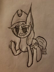 Size: 2164x2885 | Tagged: safe, artist:antique1899, imported from derpibooru, applejack, pony, female, hat, monochrome, shaking hoof, sketch, solo