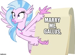 Size: 673x499 | Tagged: safe, artist:frownfactory, imported from derpibooru, silverstream, hippogriff, uprooted, exploitable, female, flipchart, gallstream, gru's plan, implied gallus, jewelry, marriage proposal, meme, necklace, shipping, simple background, solo, straight, subtle as a train wreck, transparent background, vector, wings